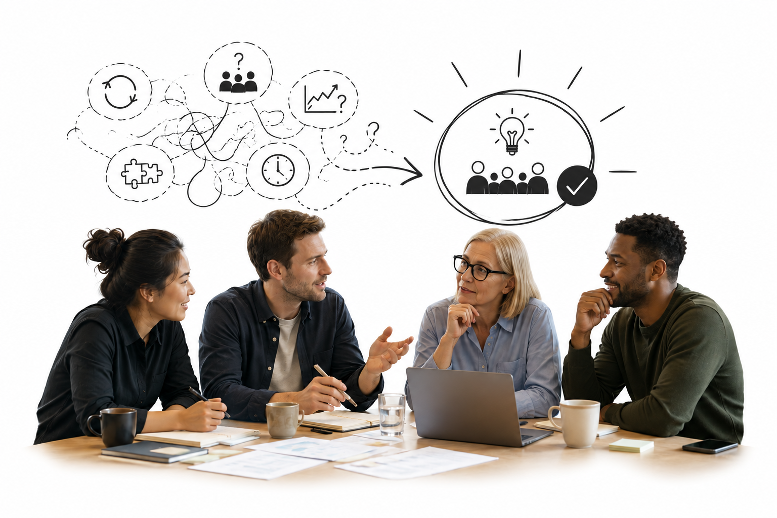 A diverse team of four colleagues sitting around a conference table in discussion, with an illustration above them showing tangled problem-solving icons leading via an arrow to a clear solution and lightbulb.